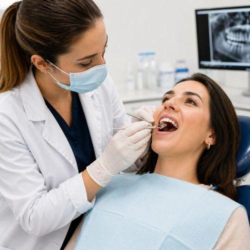 Dentist explaining dental care and teeth cleaning to a patient