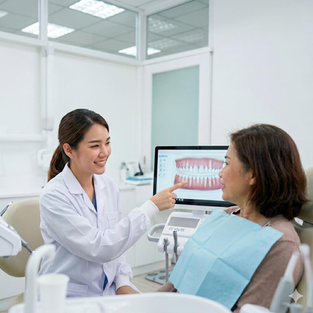 Dentist explaining dental care and teeth cleaning to a patient