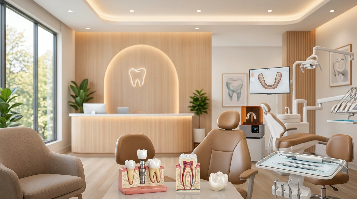 "State-of-the-art dental clinic interior showcasing professional dental instruments, tooth anatomical models, and digital diagnostic screens."
