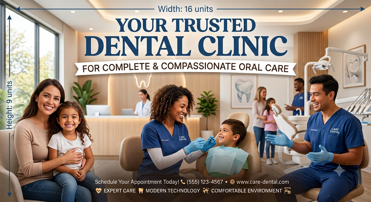 "Modern dental clinic banner featuring friendly dentists caring for patients with 'Your Trusted Dental Clinic' headline."