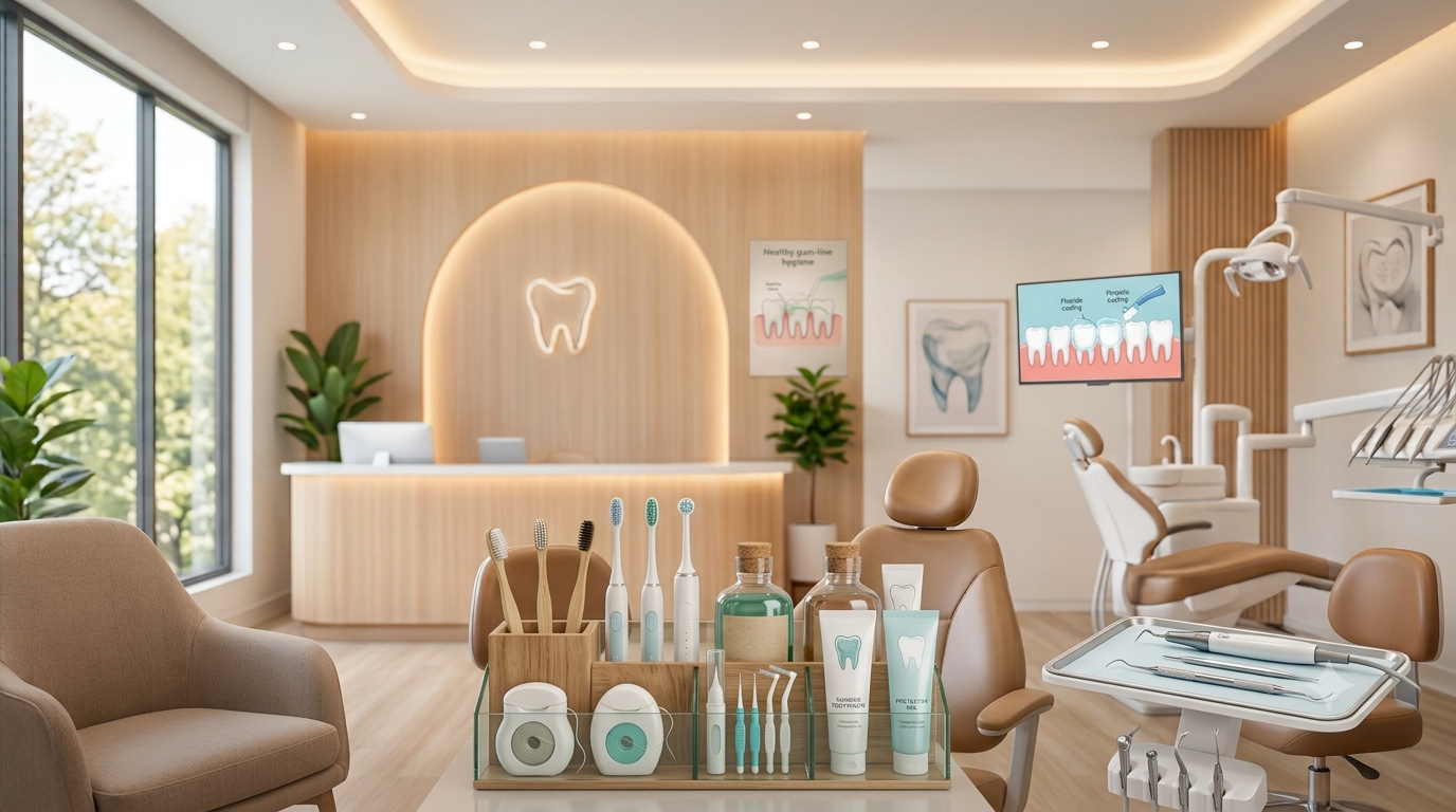 "Modern dental clinic room with oral hygiene tools like toothbrushes, dental floss, and toothpaste neatly arranged on a table in the foreground."