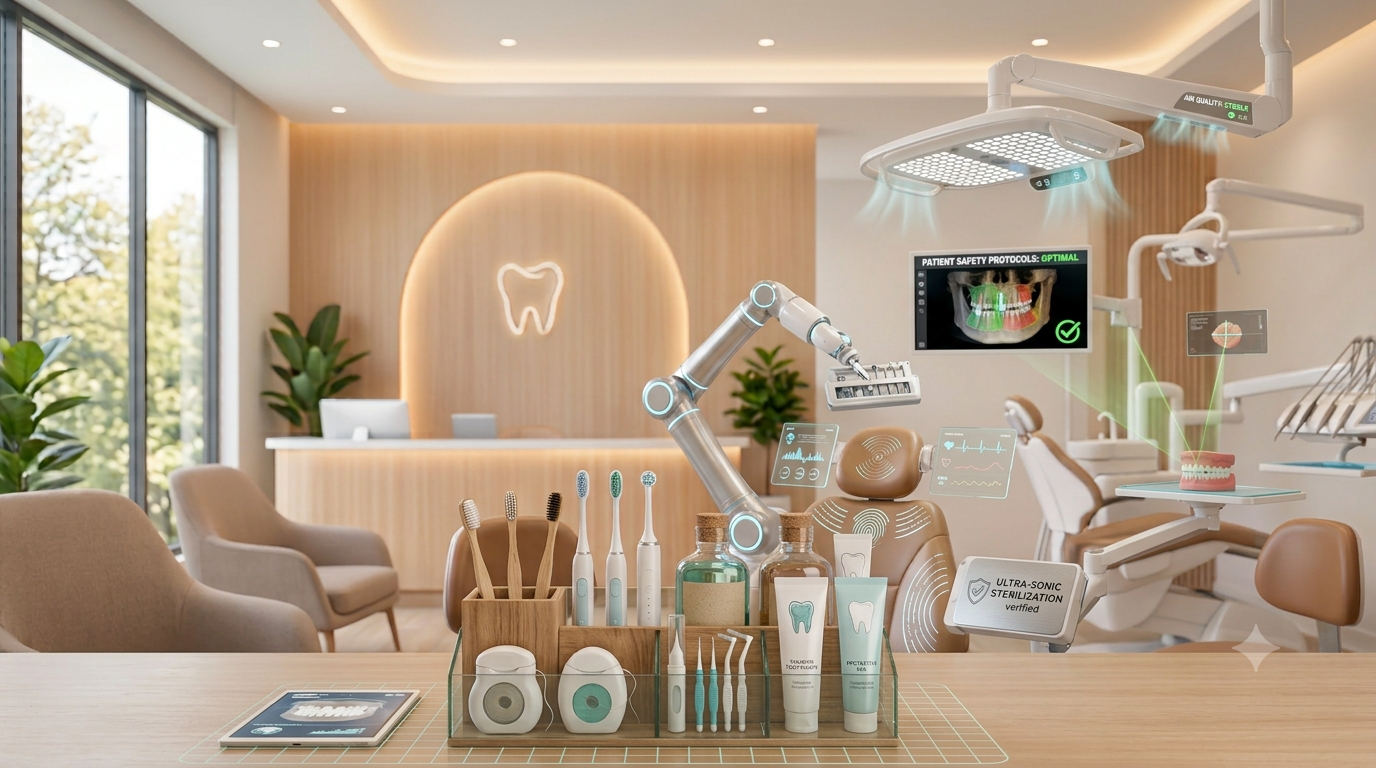 "Modern dental clinic room with oral hygiene tools like toothbrushes, dental floss, and toothpaste neatly arranged on a table in the foreground."