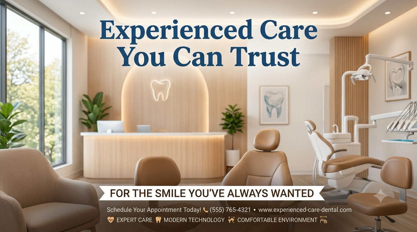 "Modern and welcoming dental clinic interior with the headline 'Experienced Care You Can Trust' and state-of-the-art equipment."